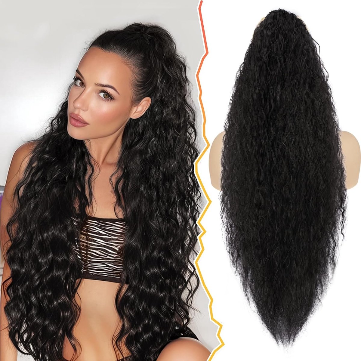 Zwarte en Bruine Ponytail Extensions met Trekkoord, 76 cm Lange Krullende Synthetische Haarstuk voor Vrouwen, Ideaal voor Bohemian Stijl en Feestelijke Gelegenheden