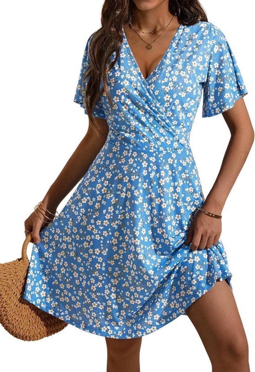 Zomerjurk Dames Bloemenprint V-hals Korte Mouwen Midi Jurk