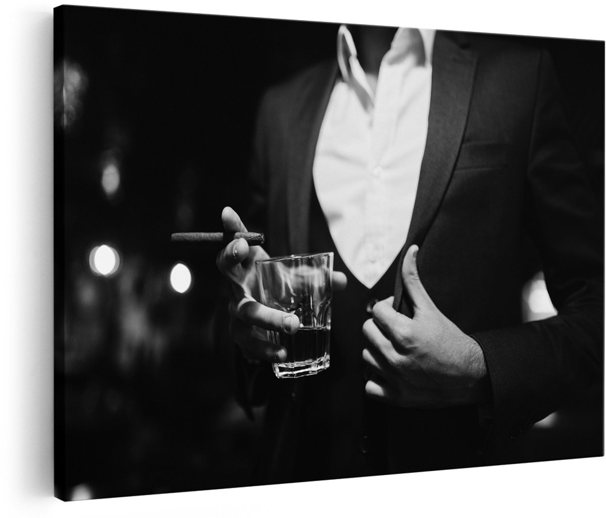Artaza Canvas Schilderij Man In Pak Met Een Sigaar En Een Drankje - 180x120 cm - Groot - Wanddecoratie Woonkamer - Schilderijen - Muurdecoratie