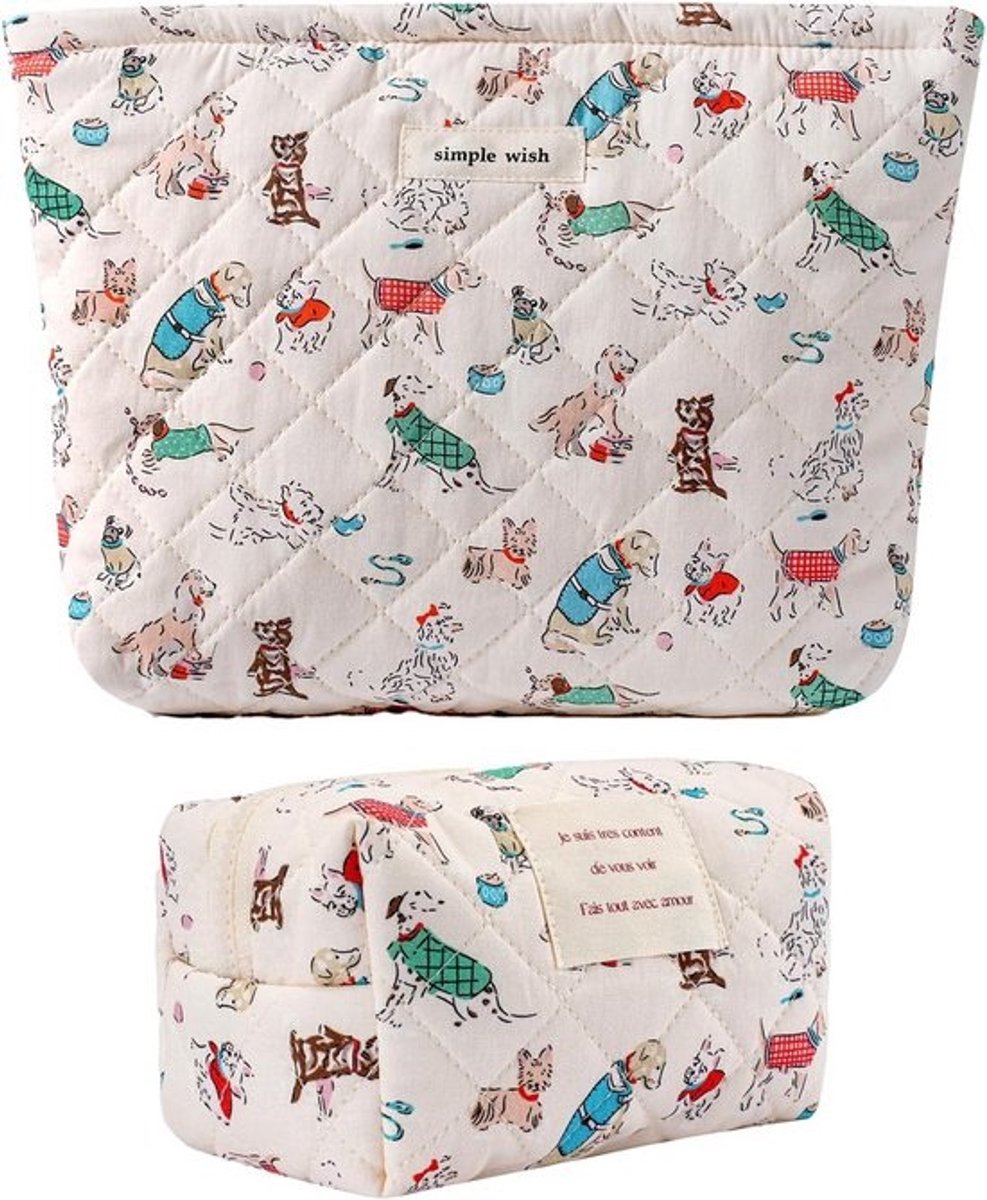 Set van 2 Gewatteerde Katoenen Make-up Tassen - Esthetische Cosmetische Pouch en Reis Toilettas
