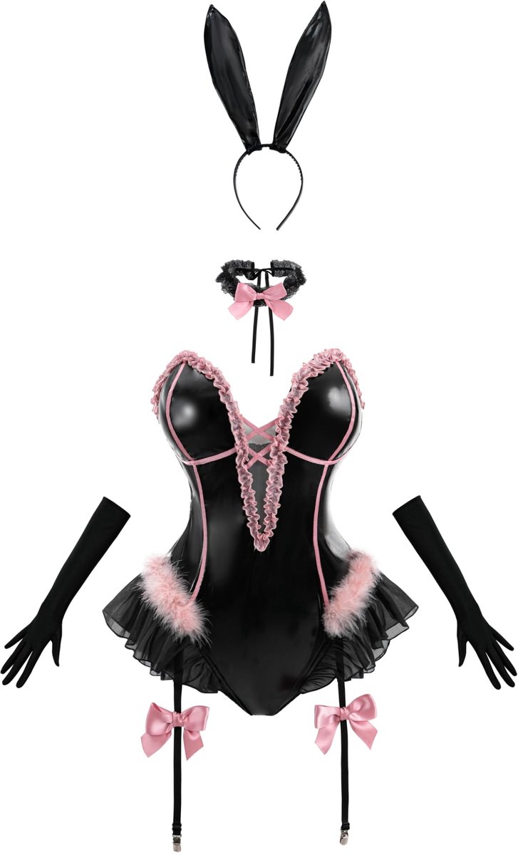 FCCAM Sexy Bunny-kostuum voor dames, zwart leer, met kousenhouder voor anime-cosplay, Halloween en carnaval - ShopVlot