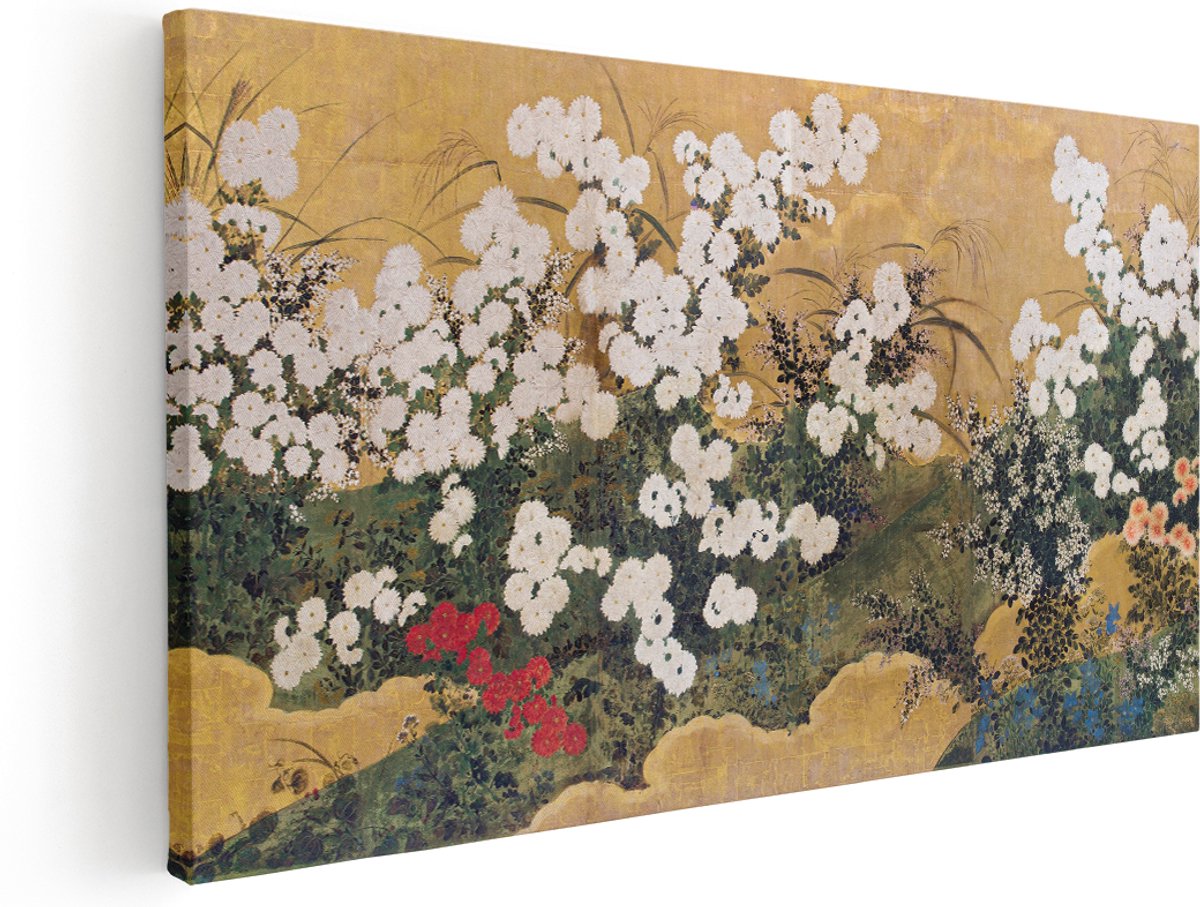 Artaza Canvas Schilderij Canvas Bloemen - 180x90 cm - Groot - Wanddecoratie Japans - Muurdecoratie Gouden Achtergrond - Schilderijen Op Canvas - Wit