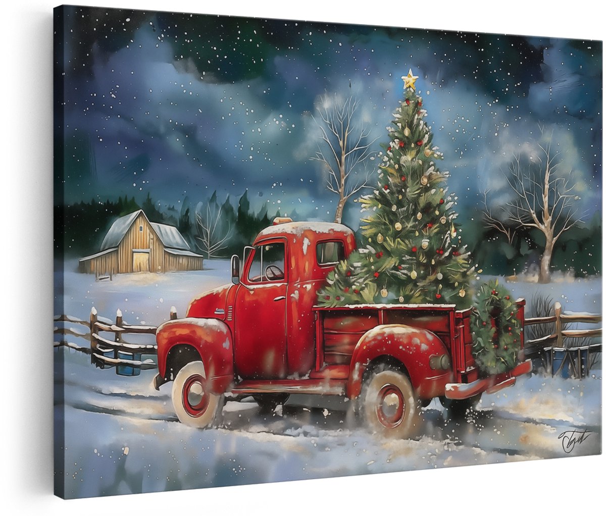 Artaza Canvas Schilderij Rode Vrachtwagen met een Kerstboom - Kerst - 180x120 cm - Groot - Wanddecoratie Woonkamer - Schilderijen - Muurdecoratie