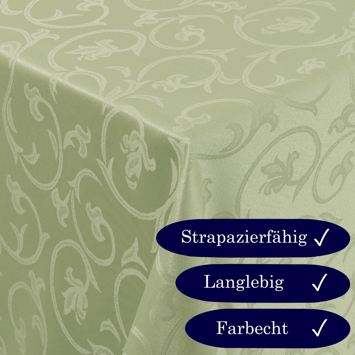 MODERNO Tafelkleed in damast, barok tulpen, strijkvrij, vierkant, 80 x 80 cm, in lindegroen, met omgenaaide rand - ShopVlot