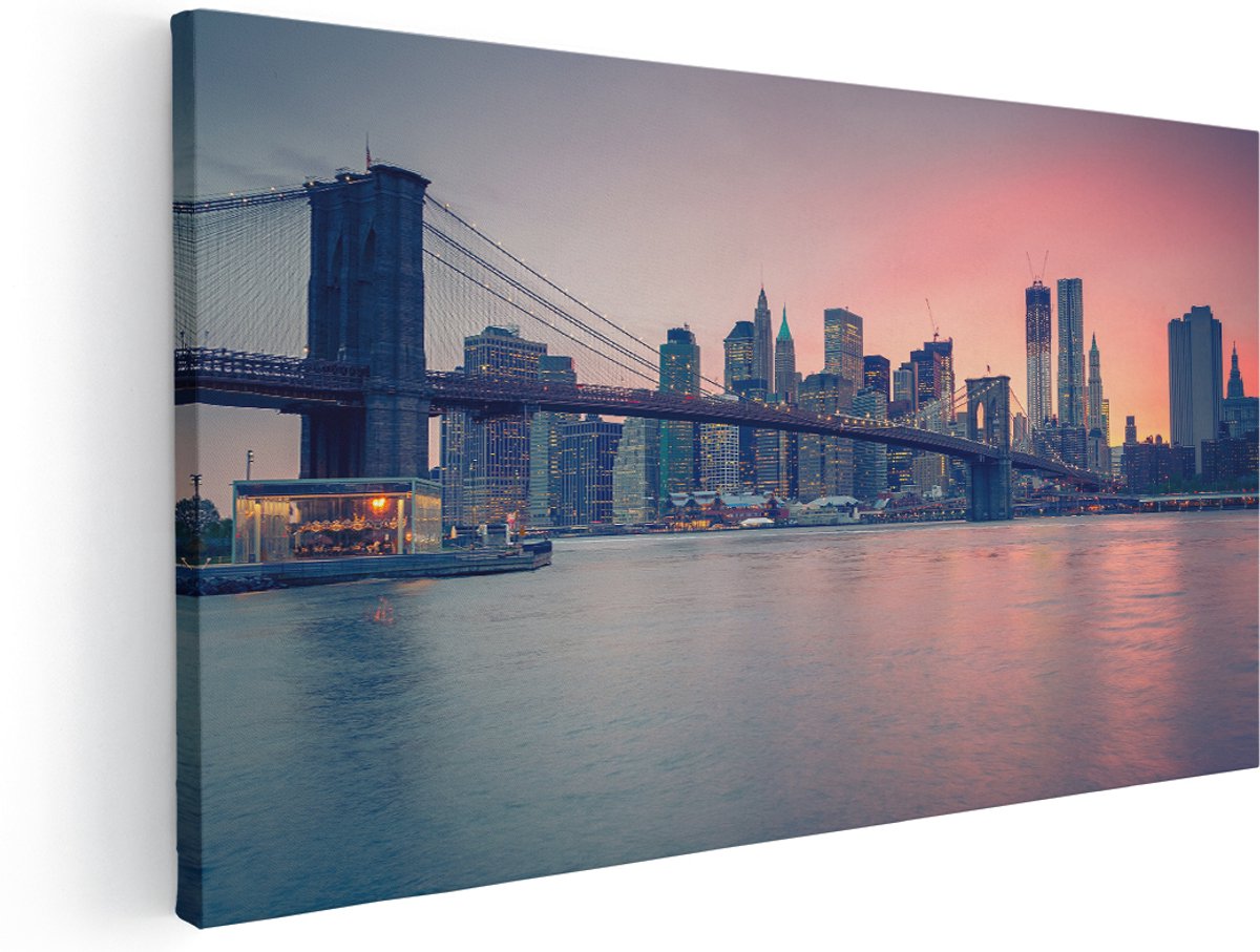Artaza Canvas Schilderij New York Brooklyn Brug Bij Zonsondergang - 180x90 cm - Groot - Wanddecoratie Woonkamer - Schilderijen - Muurdecoratie