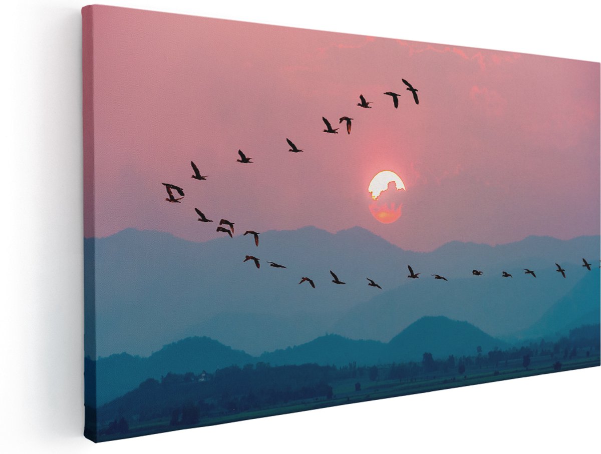 Artaza Canvas Schilderij Silhouet Van Zwerm Vogels Bij Zonsondergang - 180x90 cm - Groot - Wanddecoratie Woonkamer - Schilderijen - Muurdecoratie