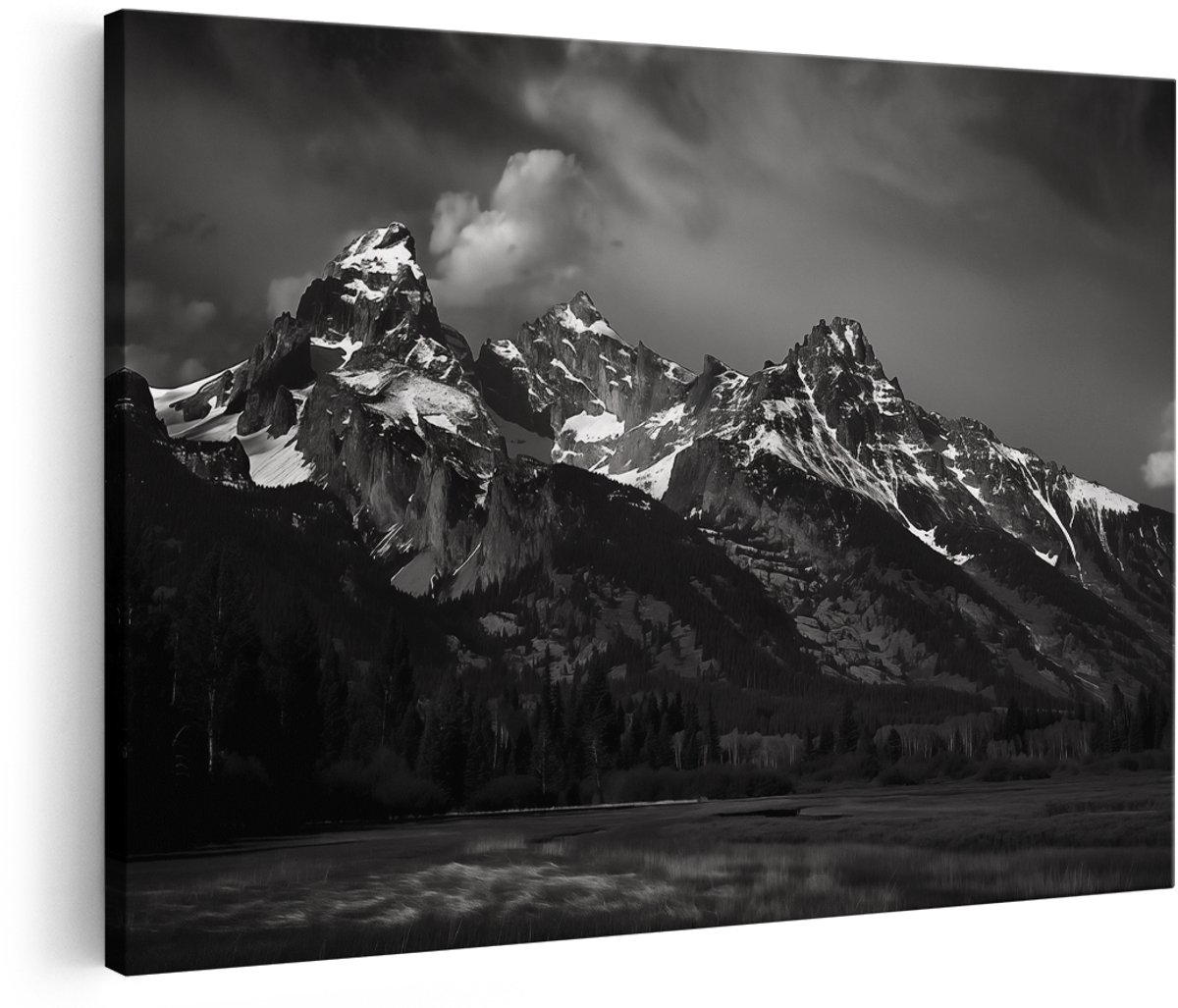 Artaza Canvas Schilderij Zwart Wit Grand Teton Bergen - Landschap - 180x120 cm - Groot - Wanddecoratie Woonkamer - Schilderijen - Muurdecoratie