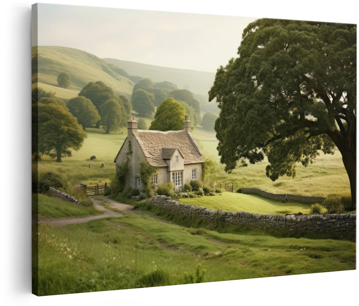 Artaza Canvas Schilderij Engels Plattelandshuisje - 180x120 cm - Groot - Wanddecoratie Landelijk - Muurdecoratie Landschap - Schilderijen Natuur Woonkamer