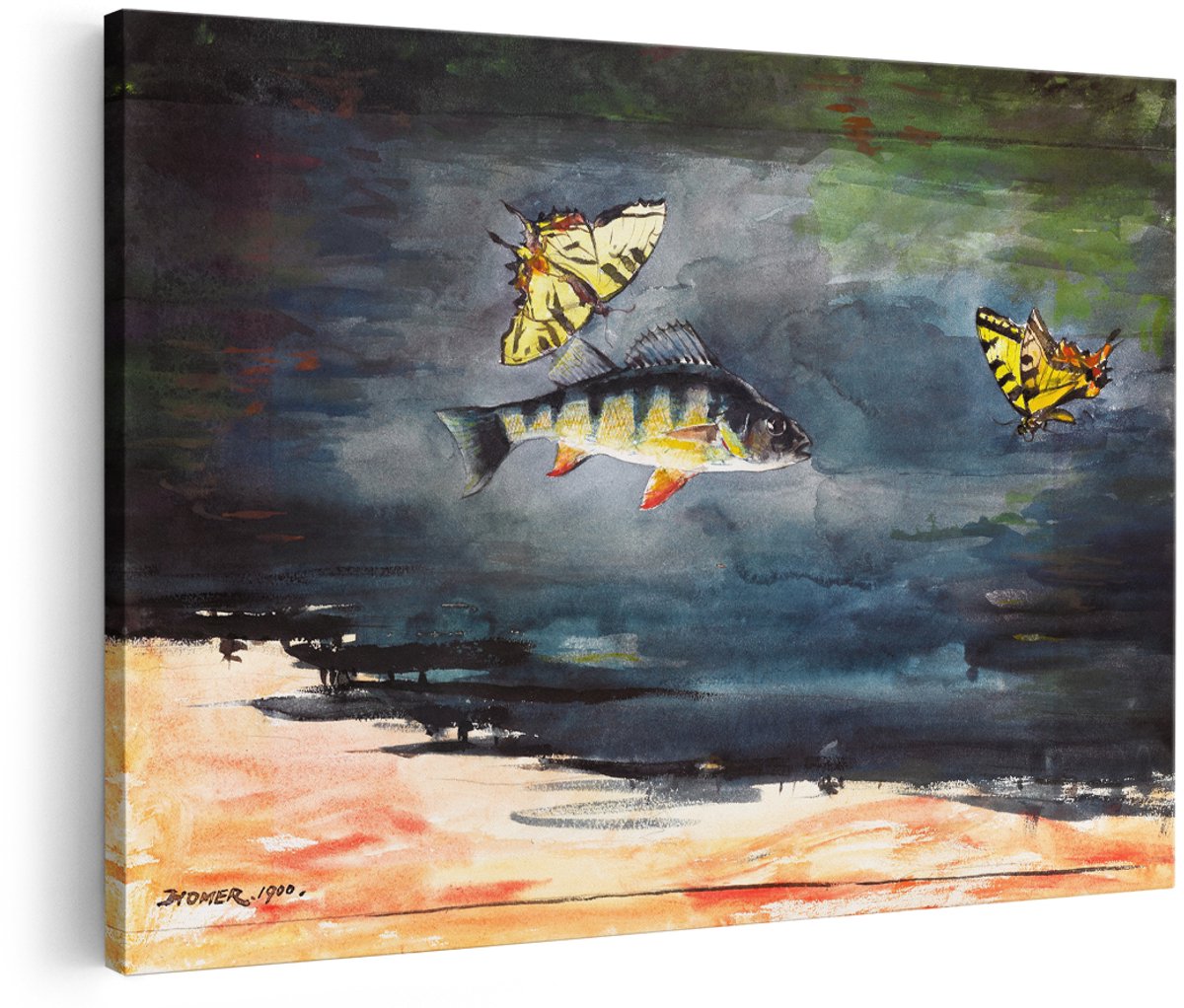 Artaza Canvas Schilderij Vis En Vlinders - 180x120 cm - Groot - Wanddecoratie Aquarel Homer - Muurdecoratie Natuur - Decoratie Dieren Landschap