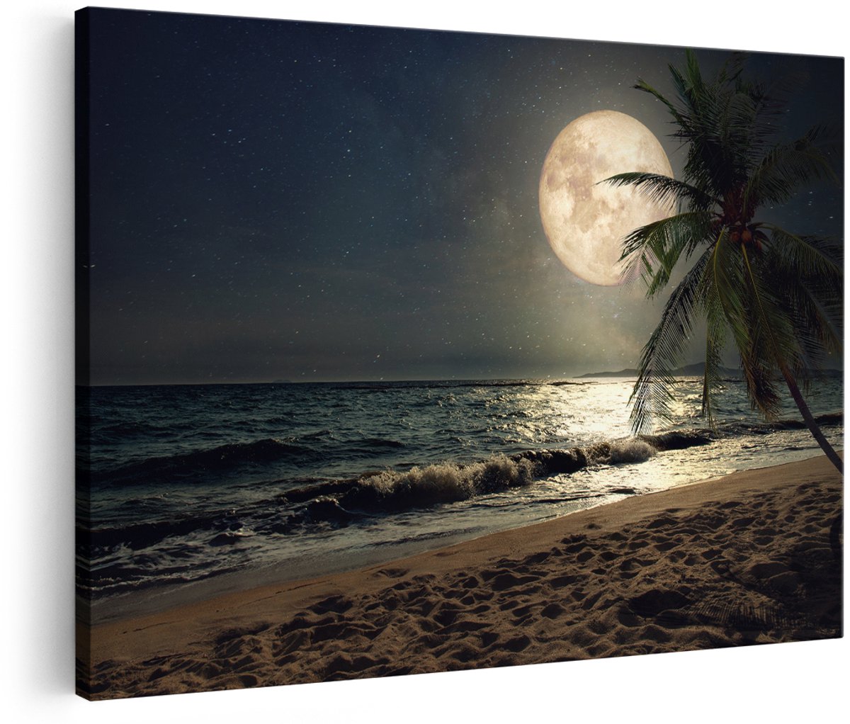 Artaza Canvas Schilderij Tropisch Strand In De Nacht Met Volle Maan - 180x120 cm - Groot - Wanddecoratie Woonkamer - Schilderijen - Muurdecoratie