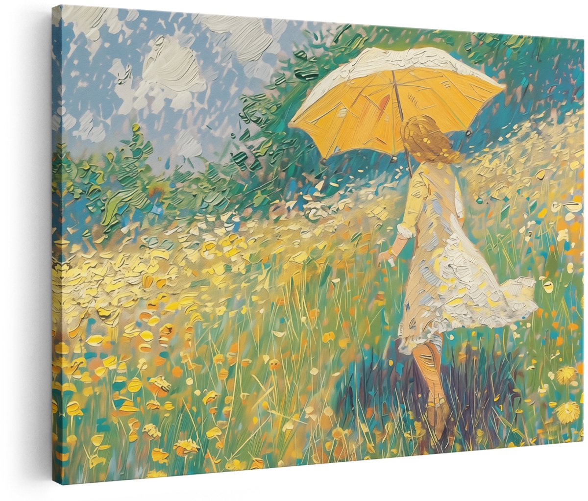 Artaza Canvas Schilderij Vrouw met een Paraplu door een Veld met Madeliefjes - Bloemen - 180x120 cm - Groot - Wanddecoratie Woonkamer - Schilderijen - Muurdecoratie
