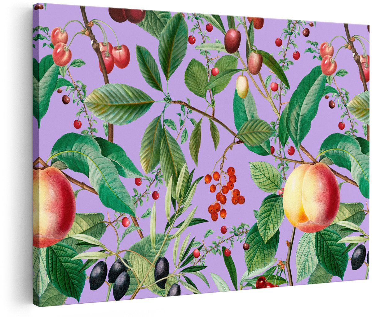 Artaza Canvas Schilderij Vintage Fruitpatroon - 180x120 cm - Groot - Botanische Wanddecoratie Kersen - Muurdecoratie Perziken - Decoratie Keuken Paars