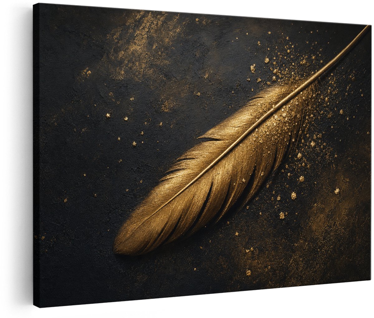 Artaza Canvas Schilderij Gouden Veer - Abstract Donker En Elegant - 180x120 cm - Groot - Wanddecoratie Woonkamer - Schilderijen - Muurdecoratie