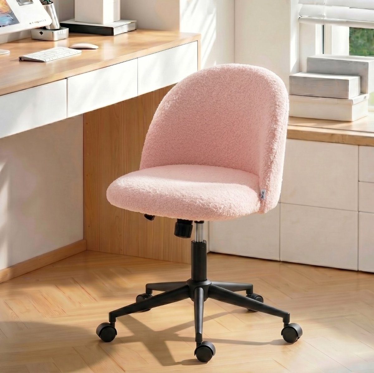 DESMIU Bureaustoel - Roze Teddyfleece - Draaibaar, Hoogteverstelbaar En Met Wielen - Voor Bureau En Thuiswerk - Stof - Roze