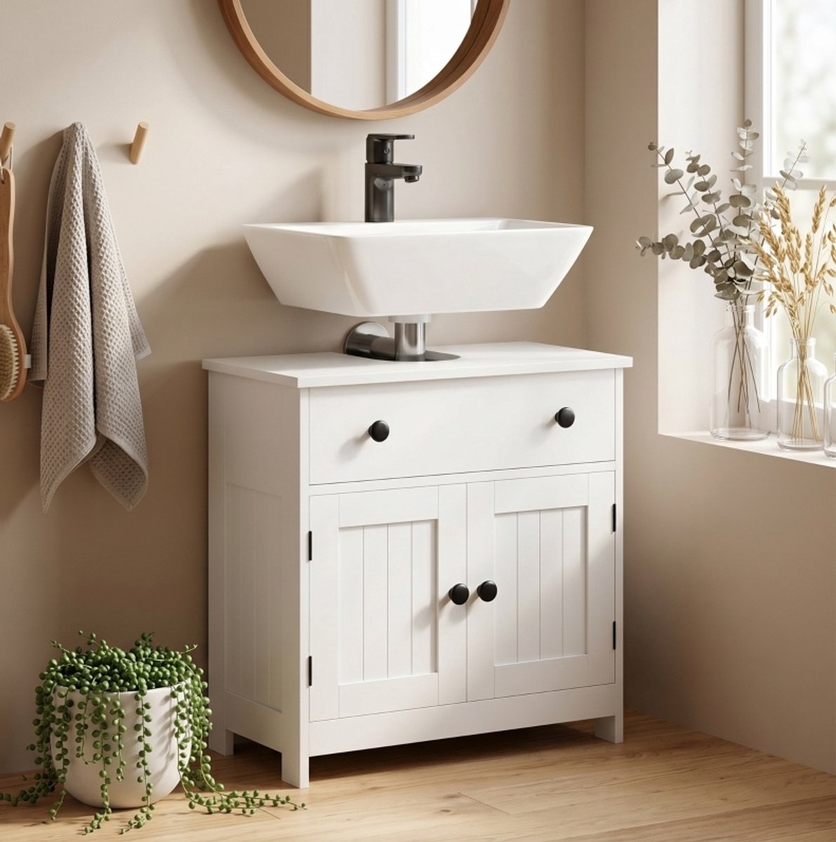OKWISH Wasbakonderkast - Modern - Vrijstaand - Softclose Scharnieren - Met Lade En 2 Deuren - Wit MDF - 73 X 38 X 60 Cm