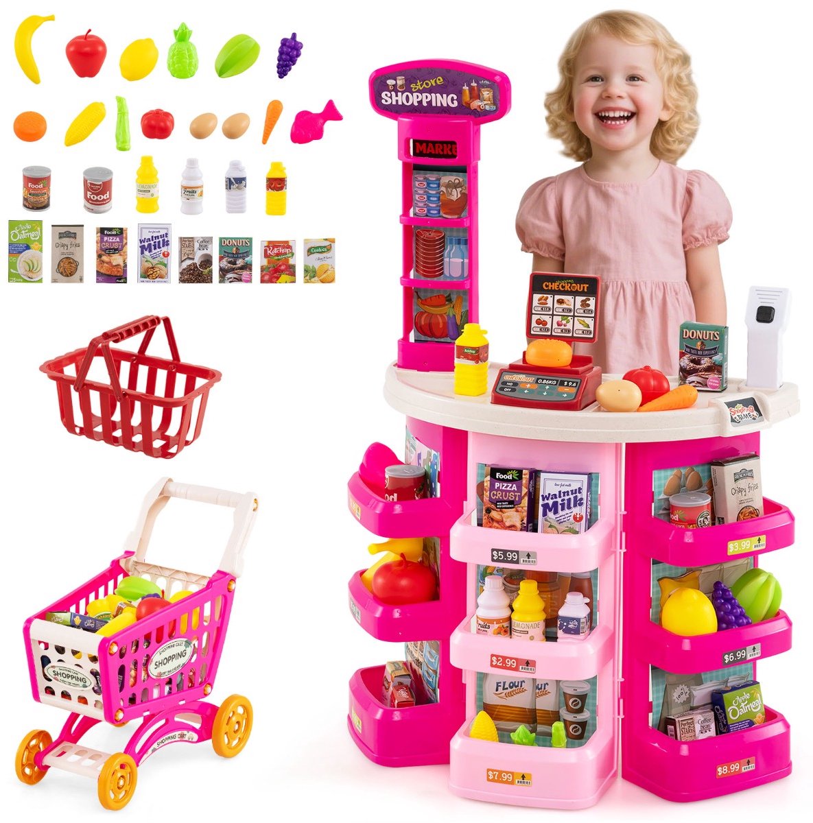 SureDeal® - Rollenspell - Supermarktspeelset - Kinderen - Winkelwagen Weegschaal Scanner - Licht - Geluid Voedingsmiddelen - 48x24x78 cm - Roze