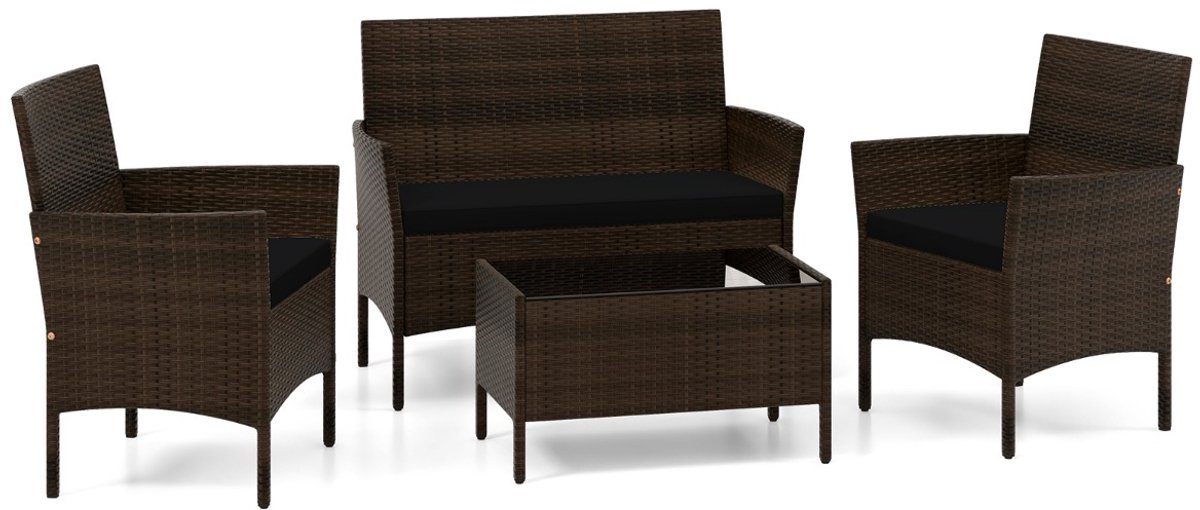 SureDeal® - Tuinset - Buiten Zitplaatsen - Vier Personen rotan - Gewatteerde Kussens - 100x57x82 cm - Donkerbruin