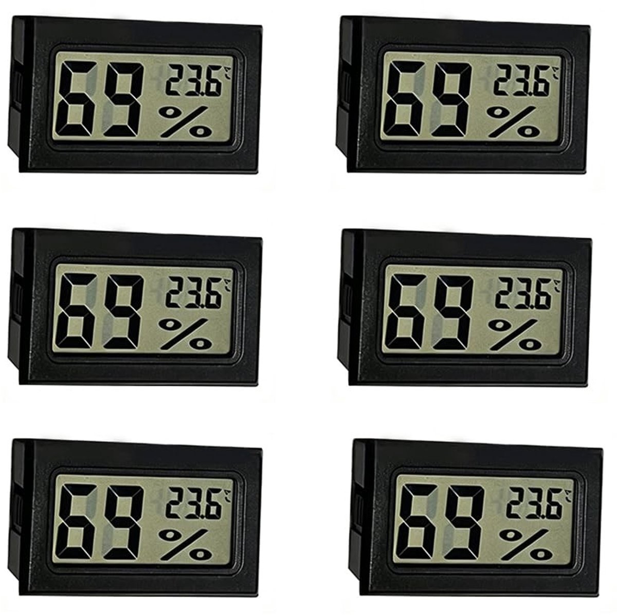 Set van 6 Digitale Mini Hygrometers en Thermometers, Vierkant, Zwart - Perfect voor Vochtigheidsmeting en Temperatuurcontrole in Huis en Kantoor