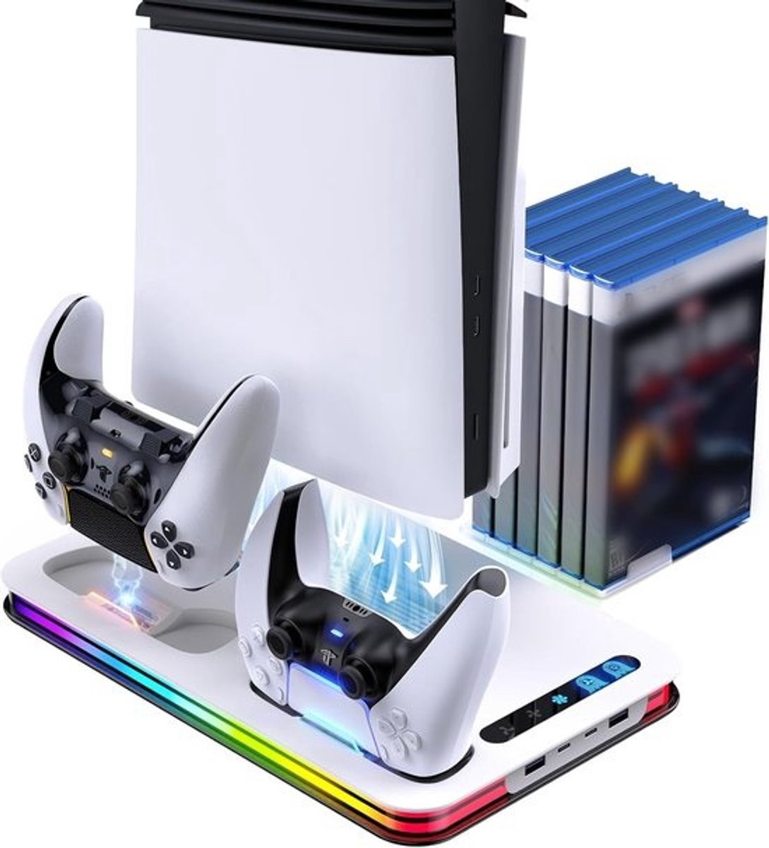 Console Koelstation - Verticale Standaard - Console Koelen - Met RGB Verlichting - 6 Games Opslag - Zwart