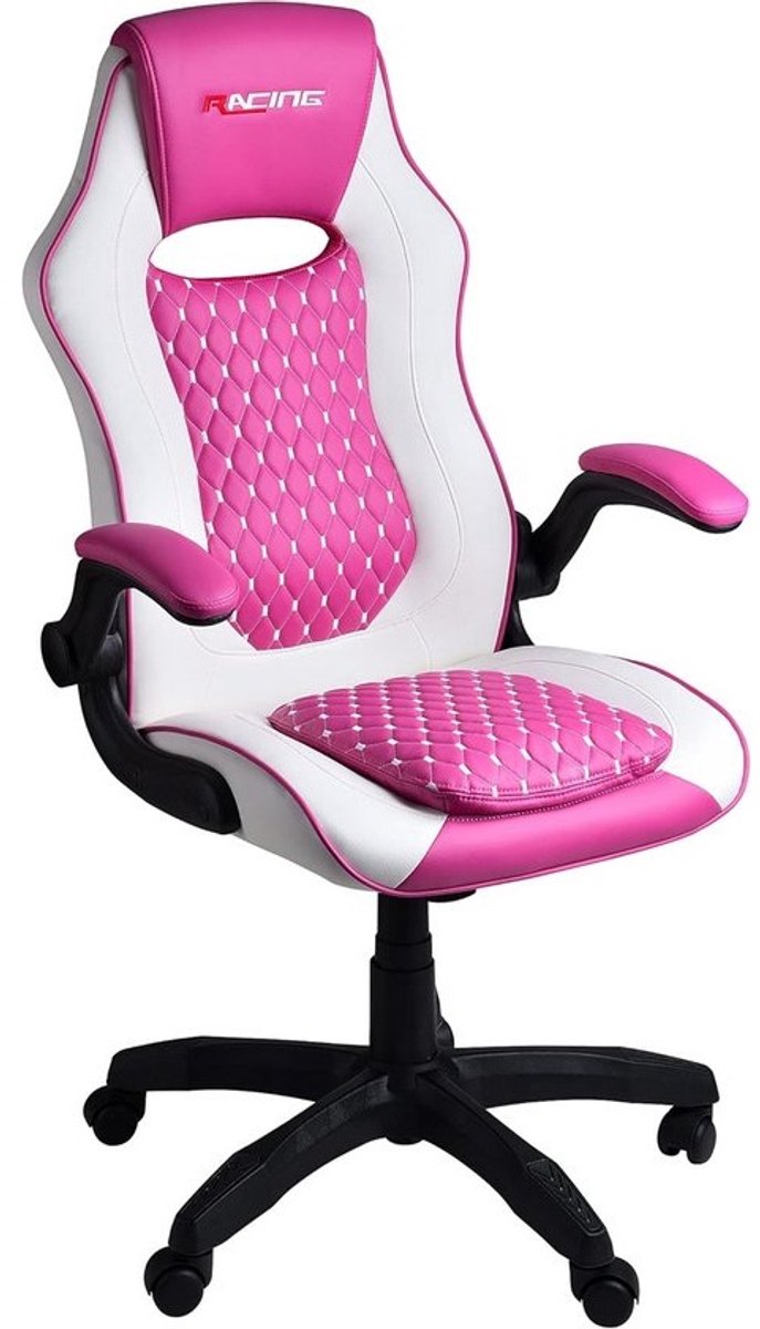 Ergonomische Gaming Stoel Roze Wit met Armsteunen, Neksteun en Hoogteverstelling