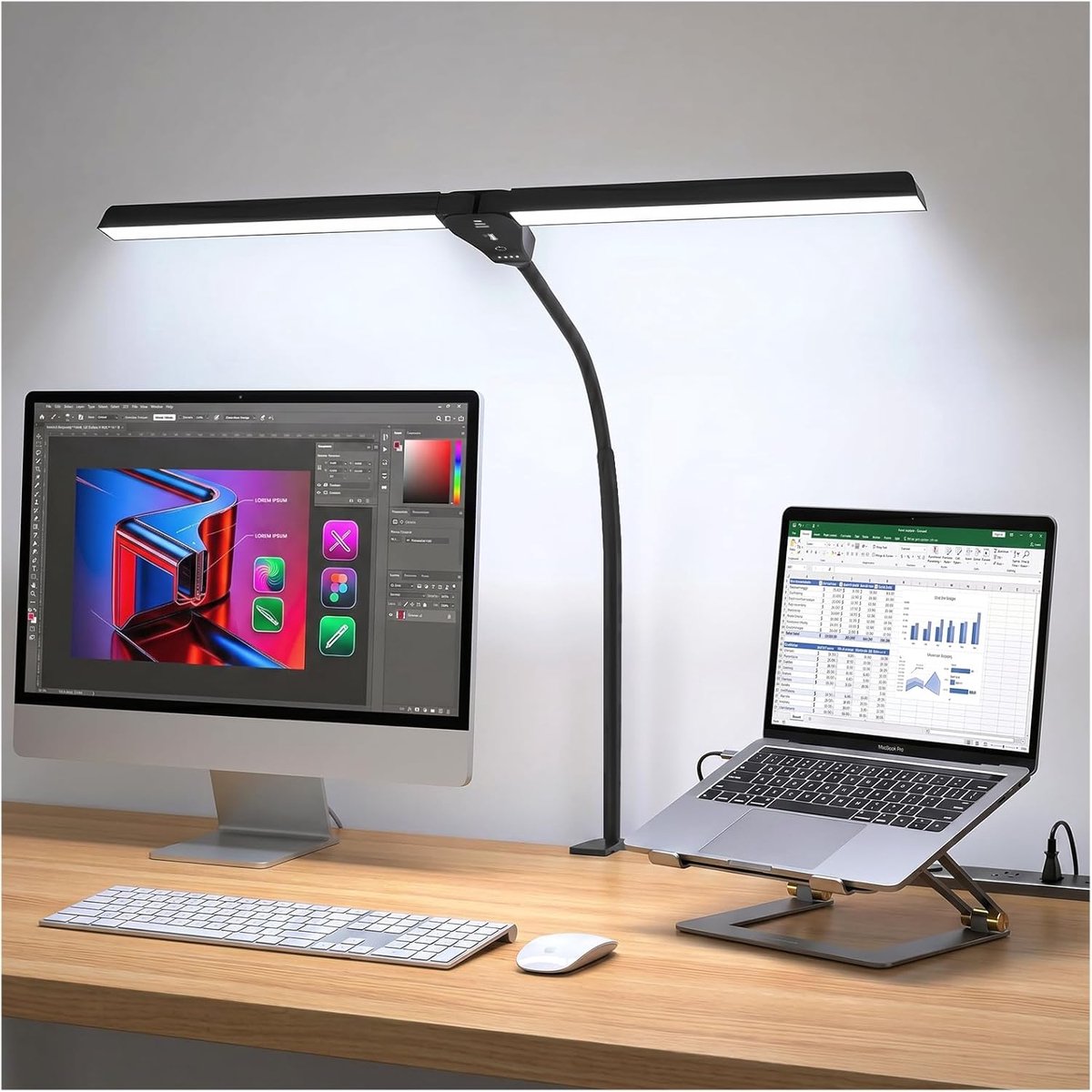 SnelShoppen - Lustaled LED Bureaulamp met Klem Dubbelkop Verstelbare Zwanenhals 10W USB - Flexibele Werkverlichting voor Thuis, Kantoor en Studeren -