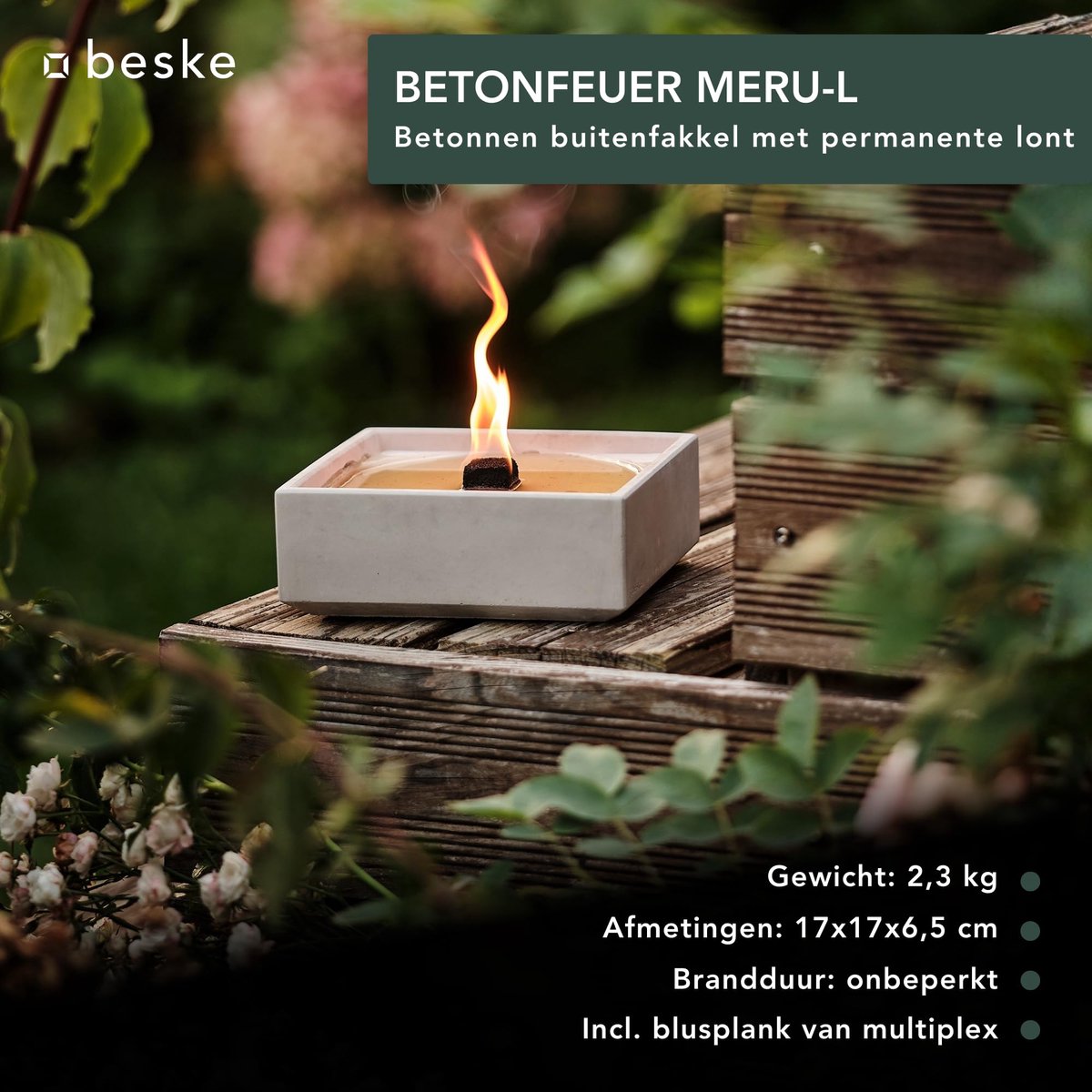 SnelShoppen - Betonfeuer Tafelvuur van Beton | Duurzaam Lontsysteem | Onbeperkte Brandduur | Handgemaakt in Duitsland | 17x17x6,5 cm | Tuin en Terras