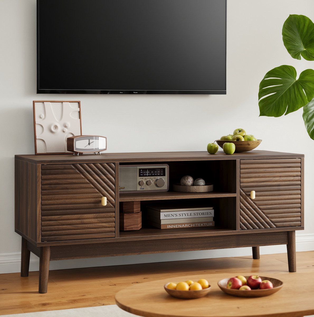 OKWISH Tv Meubel 110 Cm - Mid Century Modern - Met Opbergvak En Openslaande Deuren - Voor 40 Tot 49 Inch - Televisie Van MDF- Walnoot