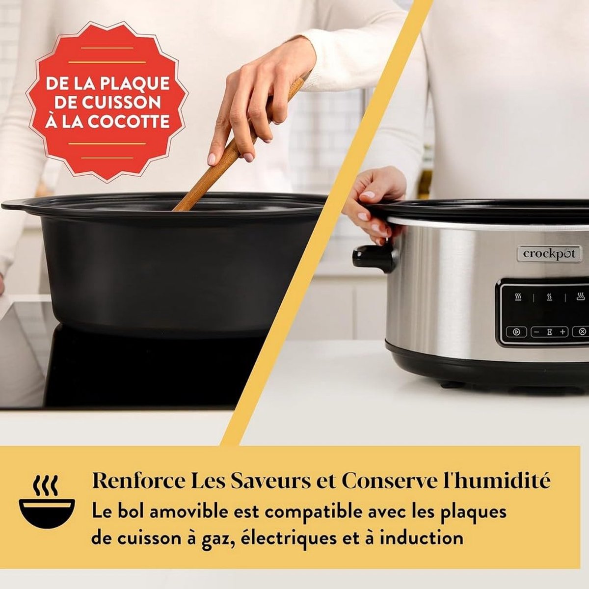 SnelShoppen - Digitale Kookplaat Crockpot Sizzle & Stew 6,5L voor 8 Personen, Uitneembare Kom, Geschikt voor Inductie, Roestvrij Staal, Ideaal voor Vl