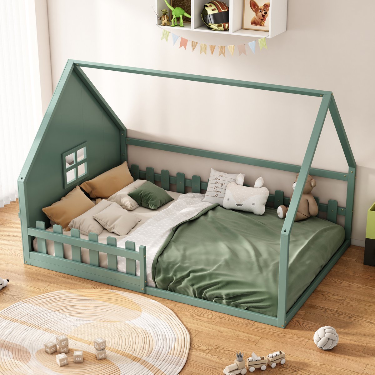 COVREO Kinderbed 140x200 cm – groen, hout en MDF, met huisframe en bedhekje