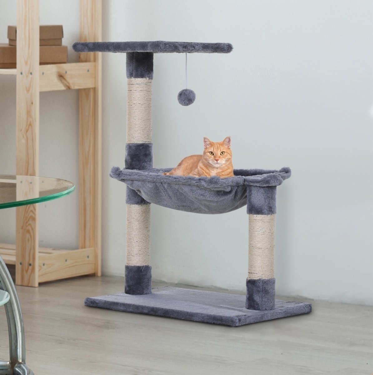 Wishdor Krabpaal met hangmat en hangspeeltje - 3 sisal krabpalen - pluche bekleding - grijs - 50 x 36 x 70 cm