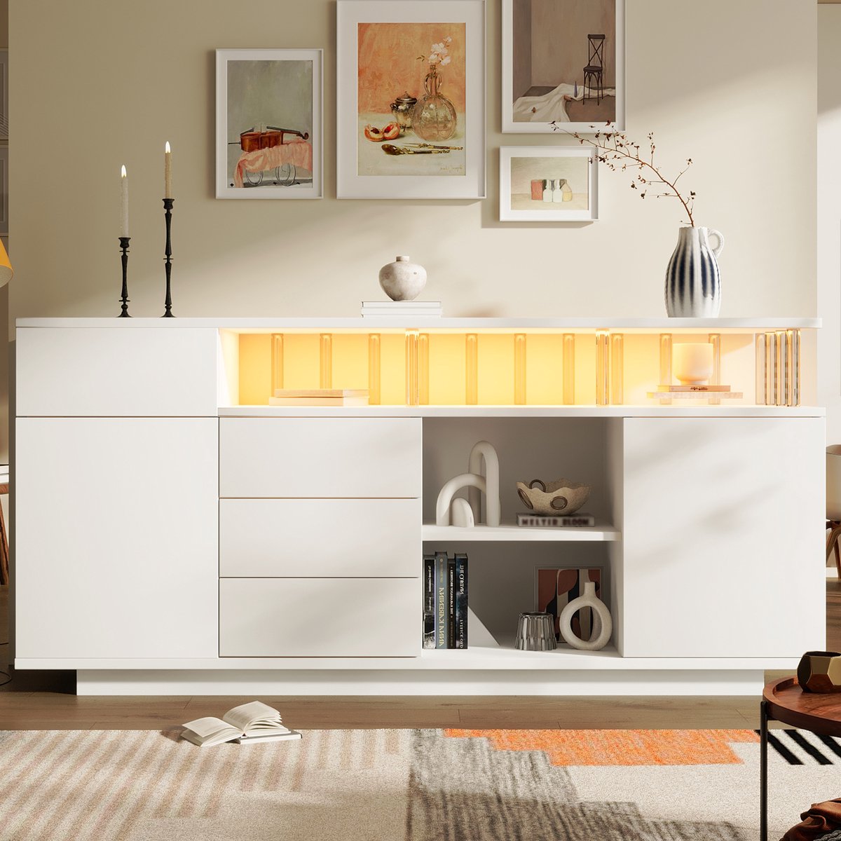 PHOEBE CAT Dressoir - Halmeubel - LED-verlichting - 4 lades - Verstelbare planken - Acrylsteunen - 160 x 40 x 75 cm - Wit
