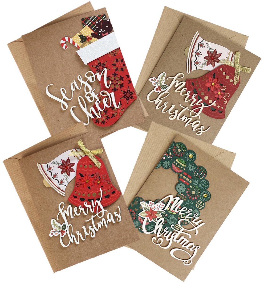 Dailygoods - 4-pak 3D Kerstkaarten - Vintage Kraft Papier met 4 Enveloppen