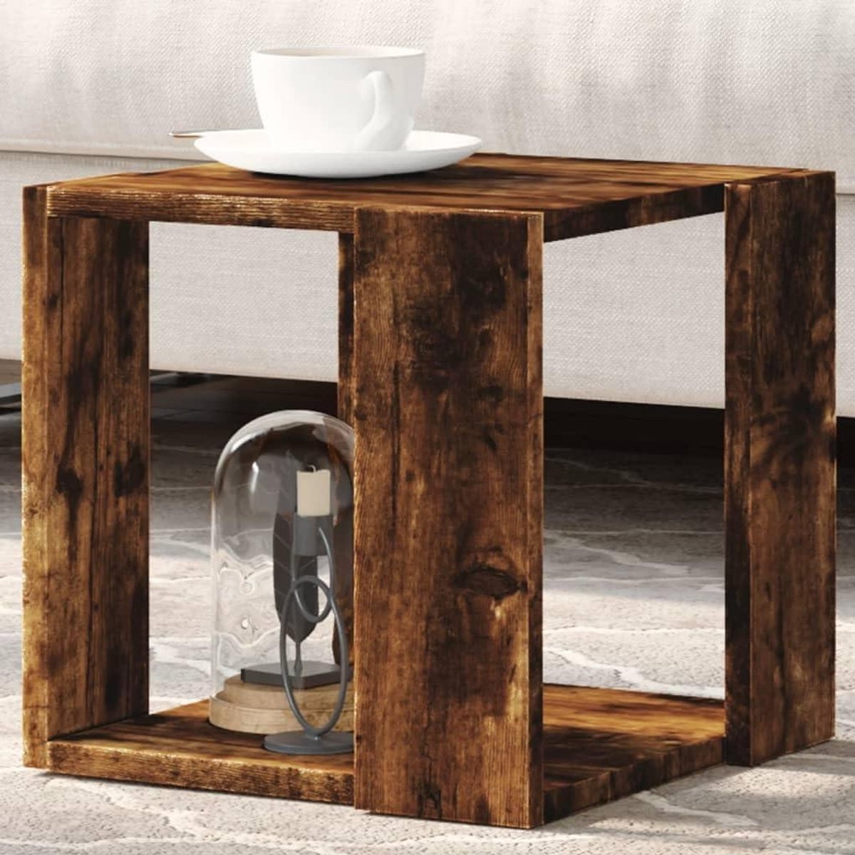 Salontafel Hout - Bijzettafel - Woonkamer Decoratie - Met Opbergruimte - 32x32x30 cm - Gerookt Eiken