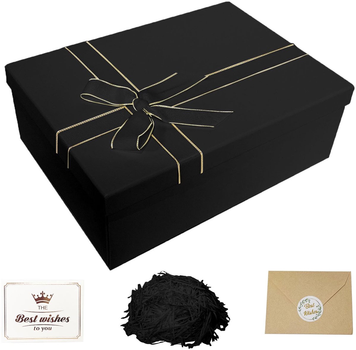 SnelShoppen - Grote Zwarte Geschenkdoos met Deksel en Strikken, 33 x 25 x 12 cm, Cadeauset met Raffia en Wenskaarten voor Verjaardagen, Bruiloften, Va