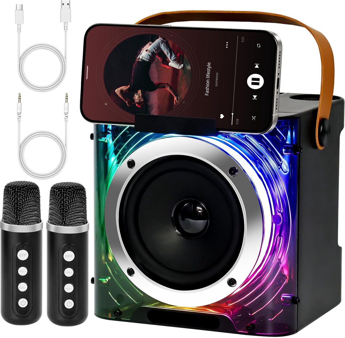 SnelShoppen - Drepint Karaoke machine met 2 microfoons, Bluetooth luidspreker met lichteffecten, draagbare 5.3 speaker, ondersteunt TF/USB, FM-radio,