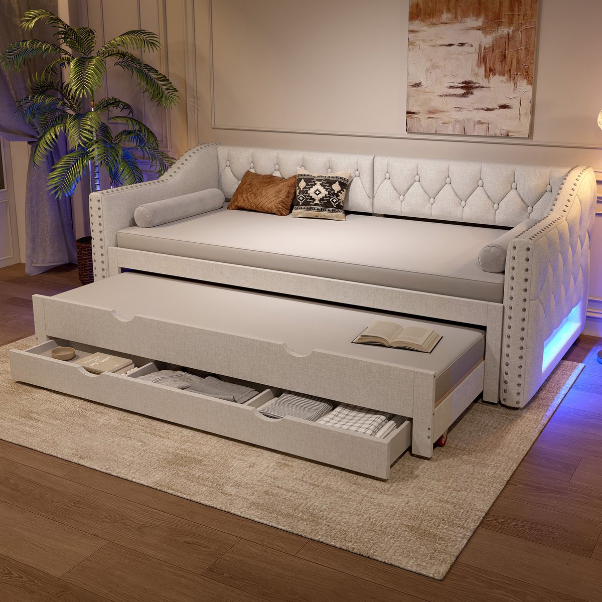 Dagbed 90x200 cm - Gestoffeerd Bed Met LED, Opberglades En Extra Slaapplaats - Beige
