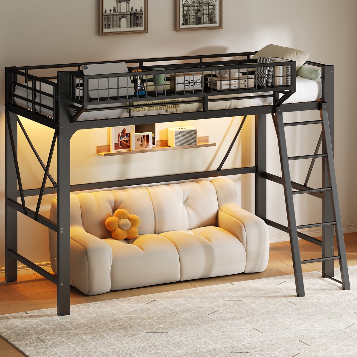 Hoogslaper 90x200 cm - Zwart Metalen Kinderbed Met LED Verlichting, Opbergruimte En Mand