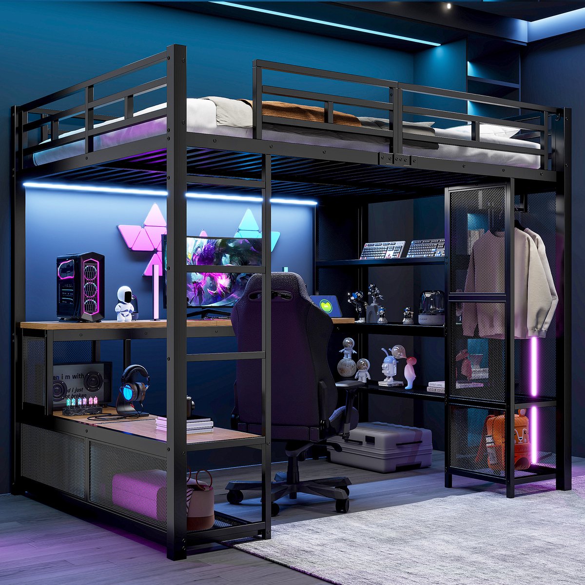 Ruimtebesparend Bed 140x200 cm - Hoogslaper Met Bureau En LED Verlichting - Zwart
