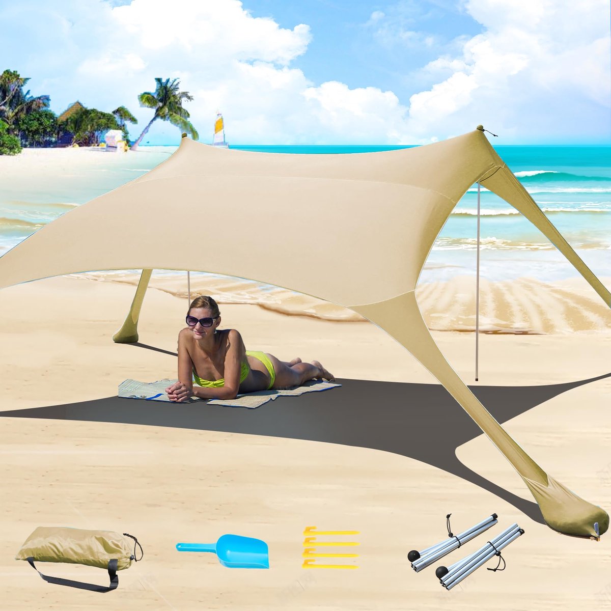 SnelShoppen - Cuupo Pop-up Strandtent 2x2,1m, LSF 50, Lycra, Winddicht, Zonwering met Stabiliteitsstangen, Kaki, Voor Buiten, Camping, Tuin, Kids