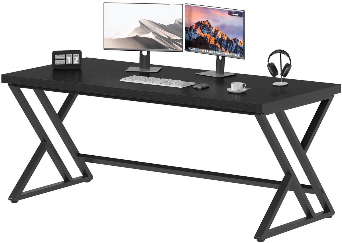 SnelShoppen - Modern zwart computerbureau, industrieel thuiskantoor bureau voor studenten, groot metalen hout schrijfbureau, boerderij stijl gaming pc