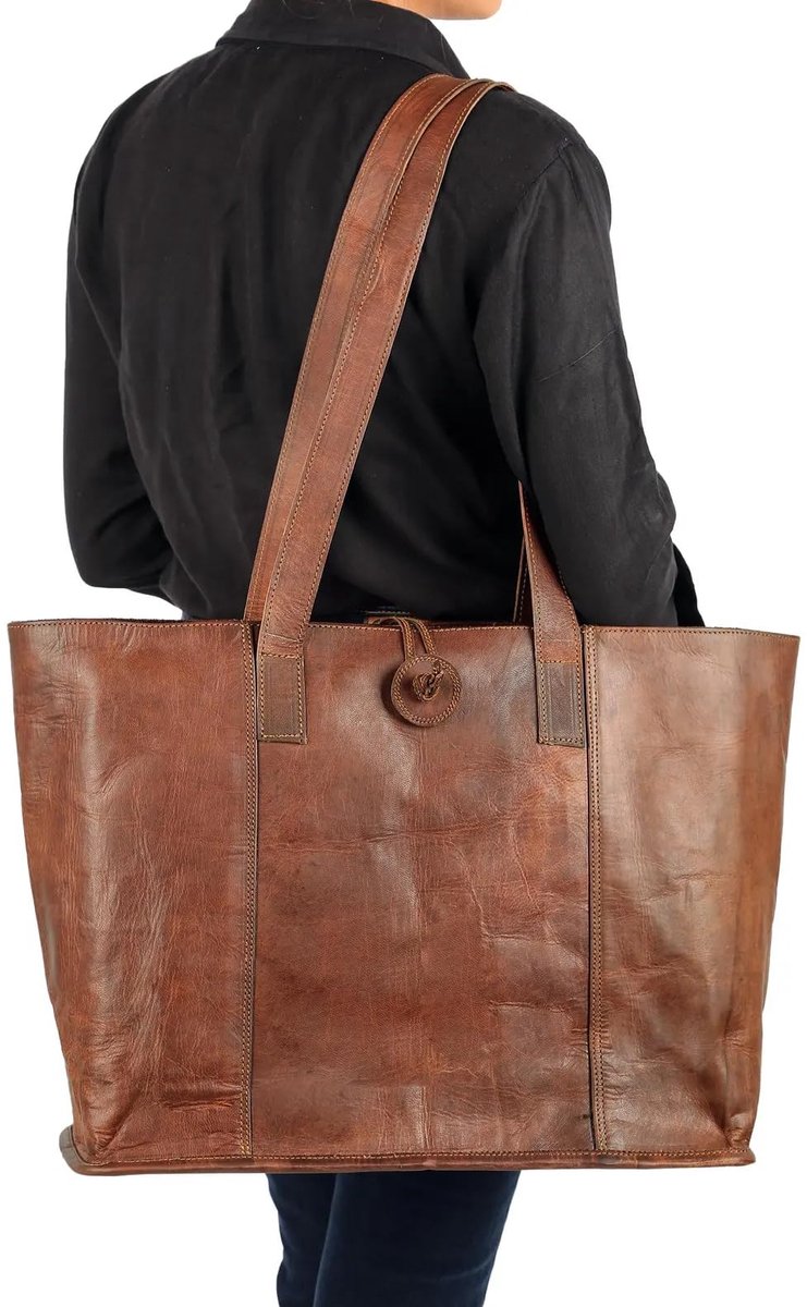 SnelShoppen - American Blue Vintage Echt Leer Tote Bag Handtas, Grote Bruine Shopper, Schoudertas voor Dames, Perfect als Kantoor Laptop Tas, Ruime Ha