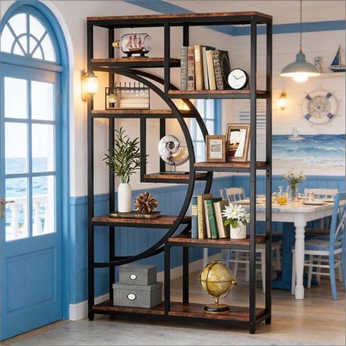 MIVRAY Boekenkast – Geometrisch Design Met 9 Open Vakken – 95 x 30 x 175 cm – Metaal En Hout – Zwart En Rustiek Bruin – Woonkamer
