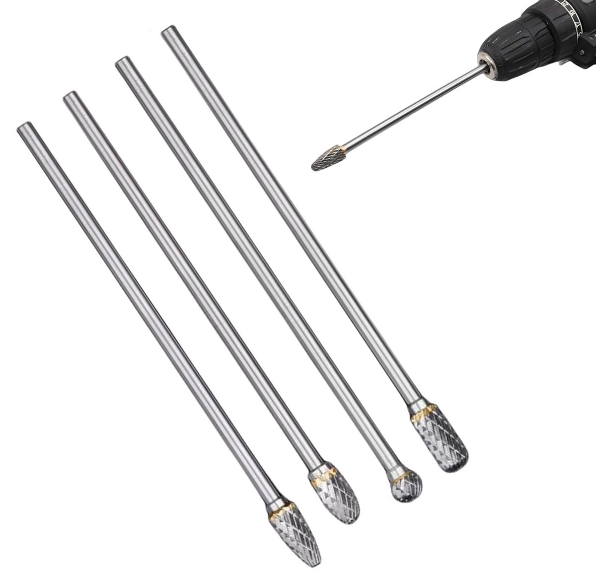 Dailygoods - 4-delige Carbide Burr Set - Extra lange houtsnijbits voor rotatietools