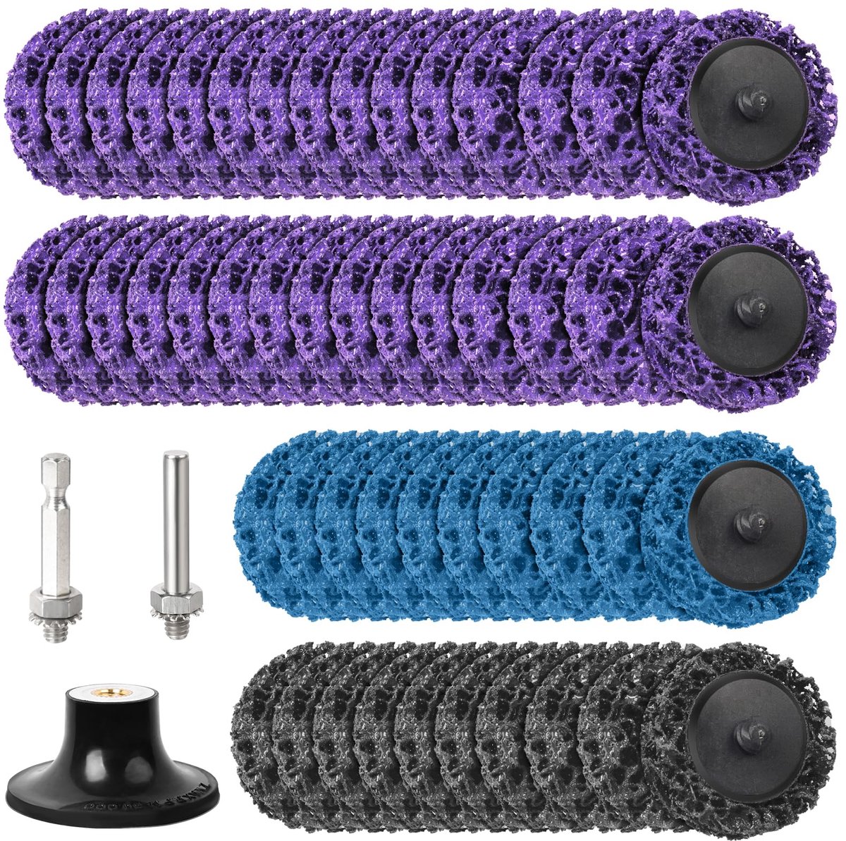 Dailygoods- Slijpschijf 50 mm - Reinigingsschijvenet 50 stuks - Paarse/Blauwe/Zwarte Schijven - Metalen Stang - Rubber Steunschijf - 22.000 U/min - Schuurschijf