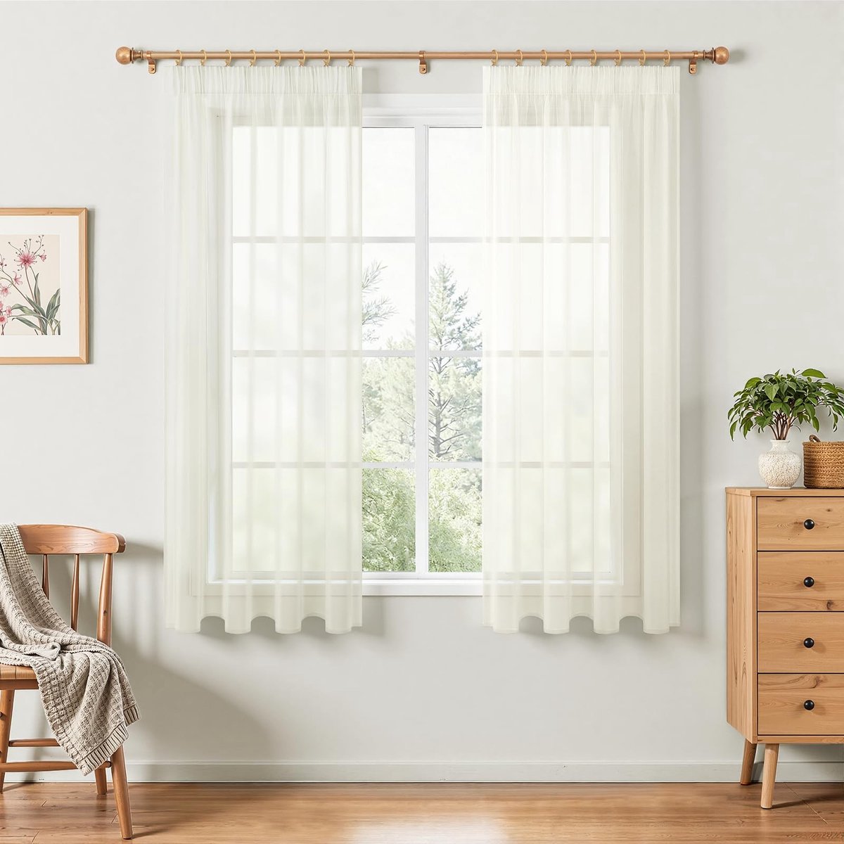 Dailygoods - Korte Translucente Gordijnen met Rimpelband - Crème - Set van 2