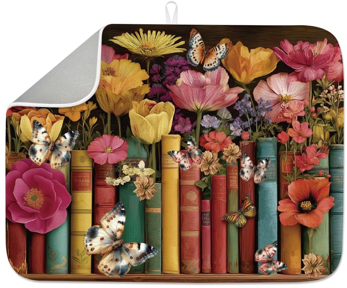 Dailygoods - Retro Boeken Droogmat voor Aanrecht 45 x 50 cm - Vintage Bloem en Vlinders