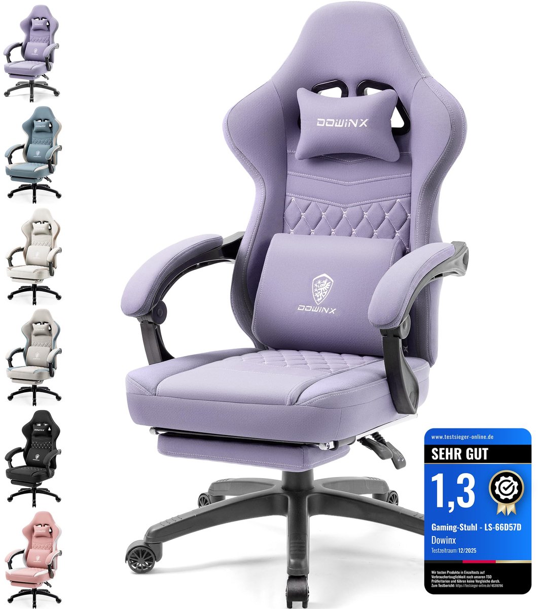 Dowinx Gaming stoel - Ergonomische bureaustoel - Stoffen gamer stoel met verstelbare rugleuning - Hoofdsteun en voetensteun - 150 kg draagvermogen-Paars