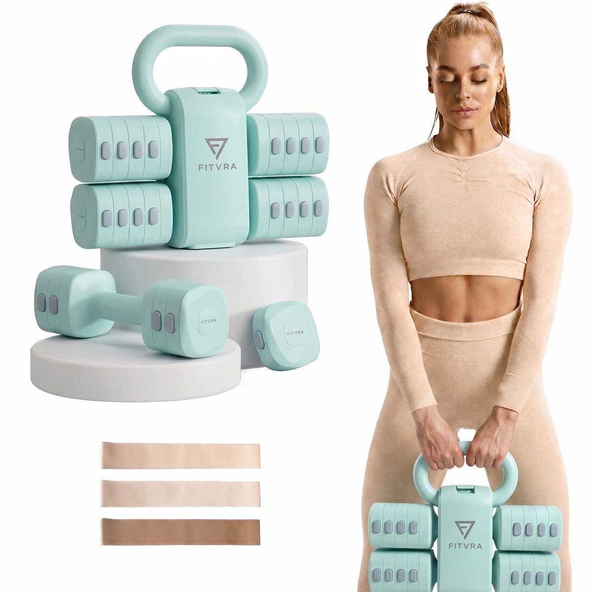 SnelShoppen - FITVRA Verstelbare Halters 2-in-1, Kettlebell en Gewichten Set Mintgroen, Ideaal voor Thuis Workout, Fitness, Krachttraining, Sportacces
