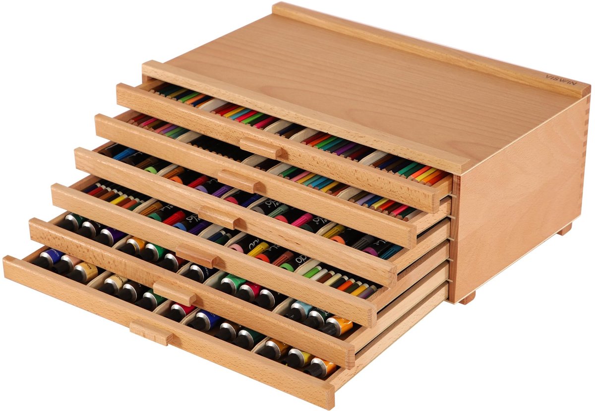 SnelShoppen - 6-lade houten kunstenaar opbergdoos met verwijderbare verdelers, premium beukenhout, portable organizer voor verf, markers, potloden en