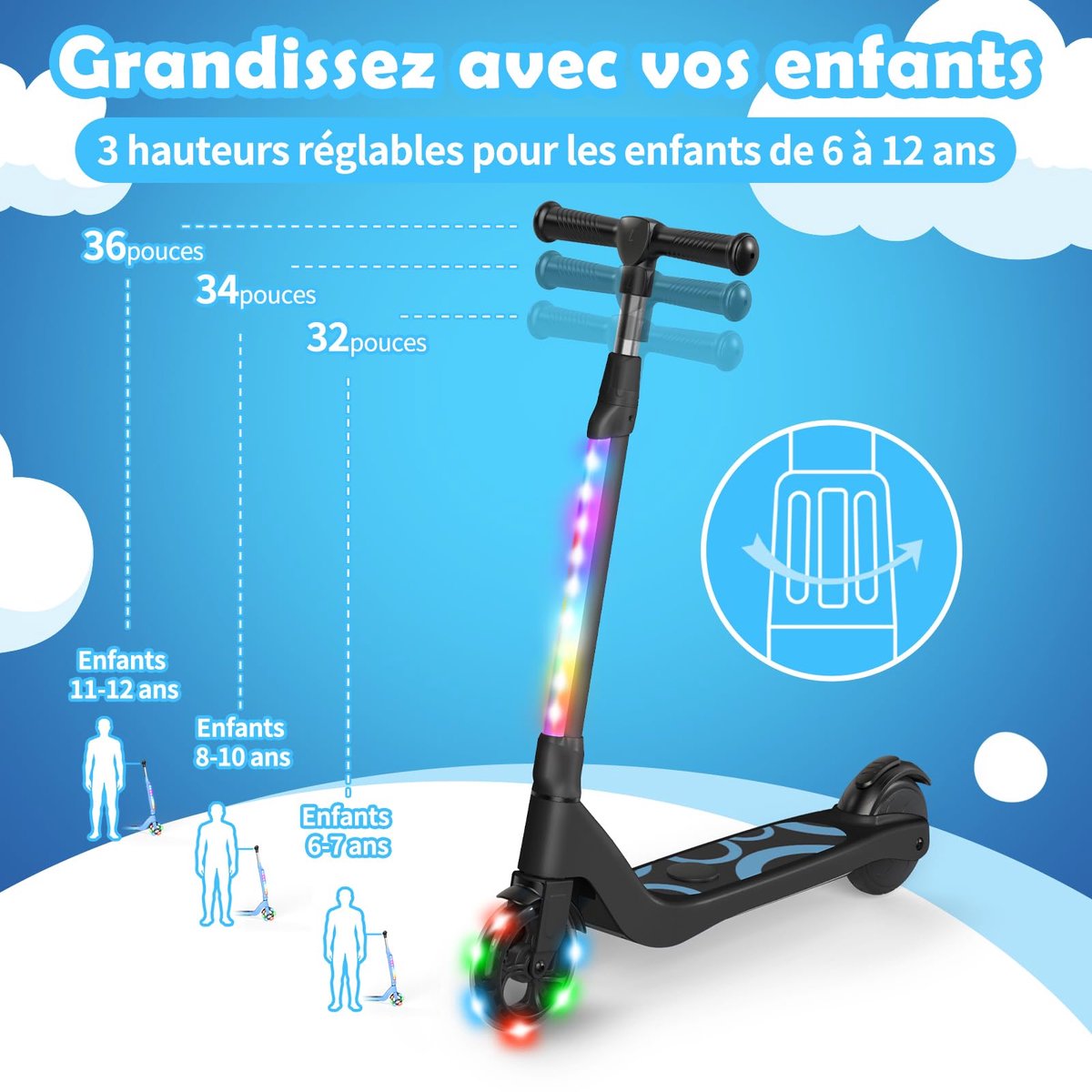 SnelShoppen - Elektrische Step voor Kinderen 6-12 Jaar, 5,3 Inch met Gekleurd LED Licht, 3 Verstelbare Hoogtes, Max. Belastbaarheid 70 kg, Ideaal voor